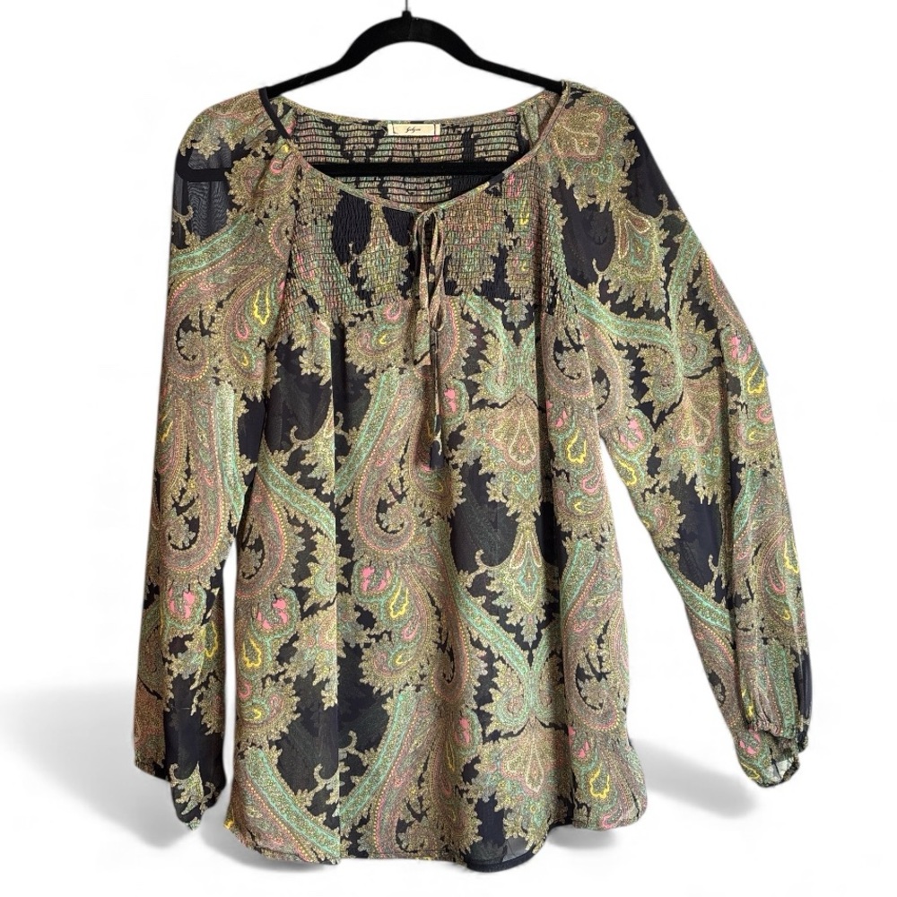 Gibson Sheer Green & Black Paisley Smocked Long Sleeve Top. Size XL